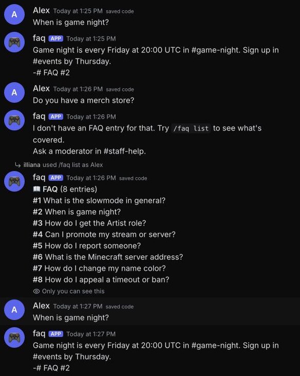 Test channel, saved code: a covered answer, the not-covered line suggesting /faq list, and Alex's private list