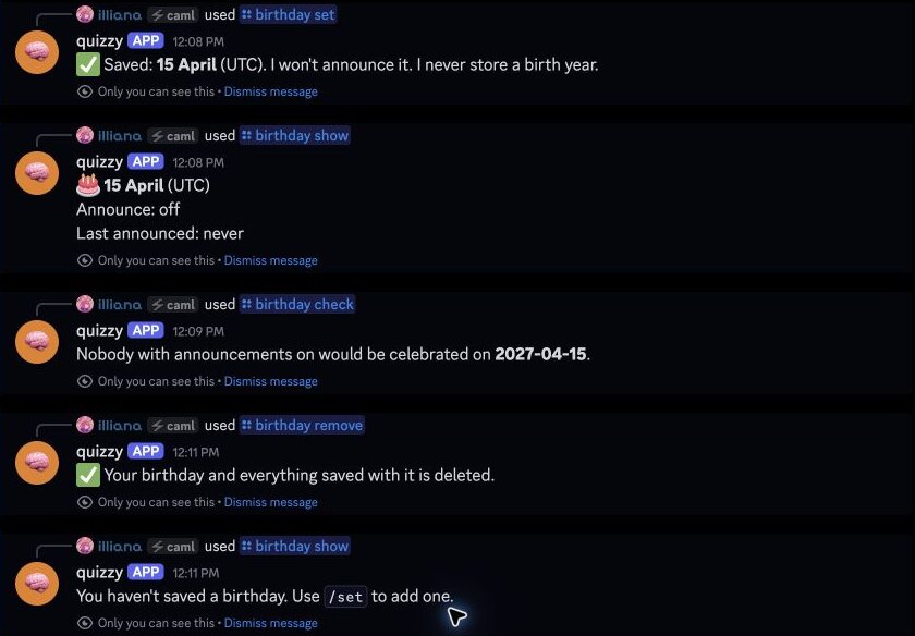 Discord, in our server: opting out, a check that finds nobody, then /birthday remove and an empty /birthday show