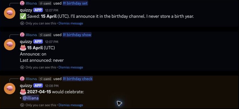 Discord, in our server: private replies to /birthday set, show and check for a made-up April 15 birthday