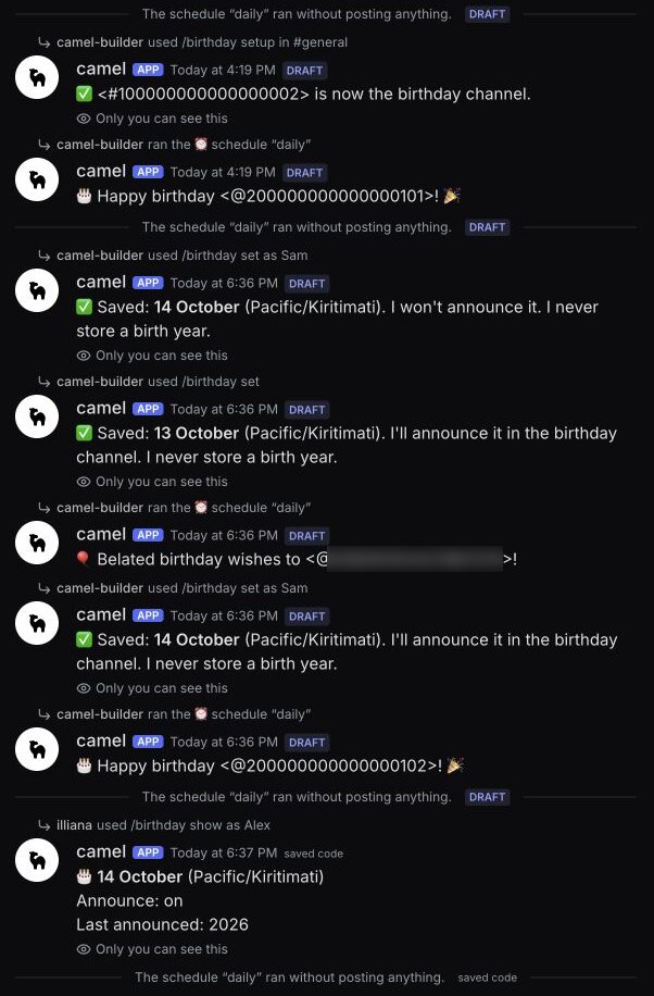 Test channel, not Discord: no-channel run, Alex-only wish, quiet repeat, opt-out, belated wish, Sam's wish, then saved-code checks