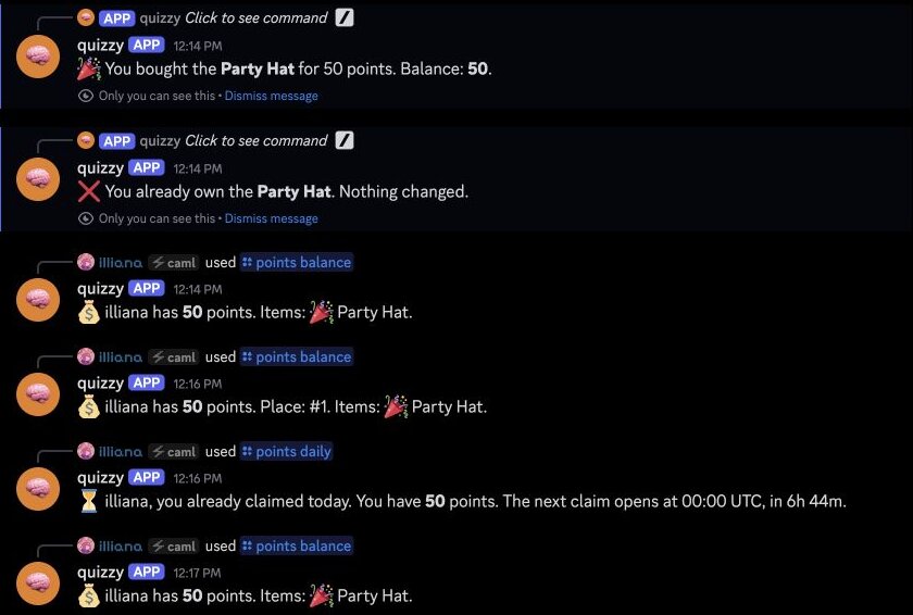 Discord: the owner's Party Hat purchase, then balance replies under versions 1, 2 and 3, with a place shown only under version 2