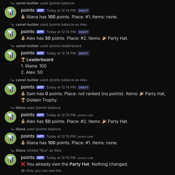 Test channel: camel-builder's tries, then saved-code replies showing places #2 and #1 and an old Buy button refusing a repeat