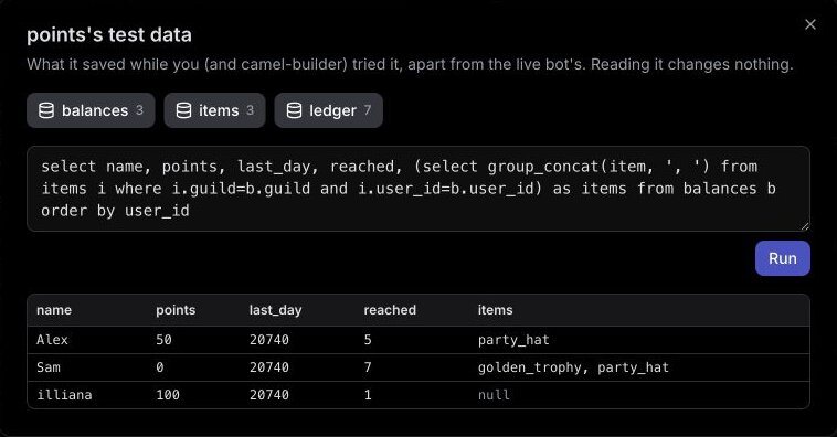Look at test data in the test channel: balances of 50, 0 and 100 for Alex, Sam and the owner, with their items