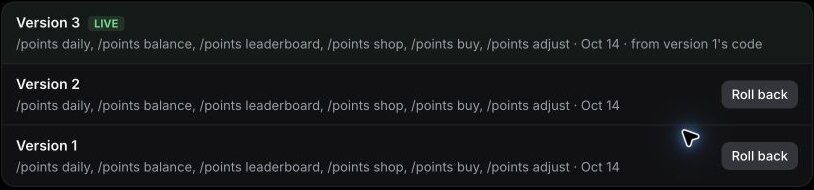 Versions tab after the rollback: Version 3 live, from version 1's code, above versions 2 and 1