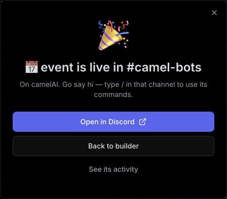 camelBot's dialog after the add: event is live in #camel-bots, with Open in Discord, Back to builder and See its activity