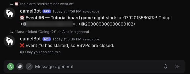 Test channel, saved code: the board game reminder going off by itself and mentioning the owner and Sam, then Alex's Going press after the start refused