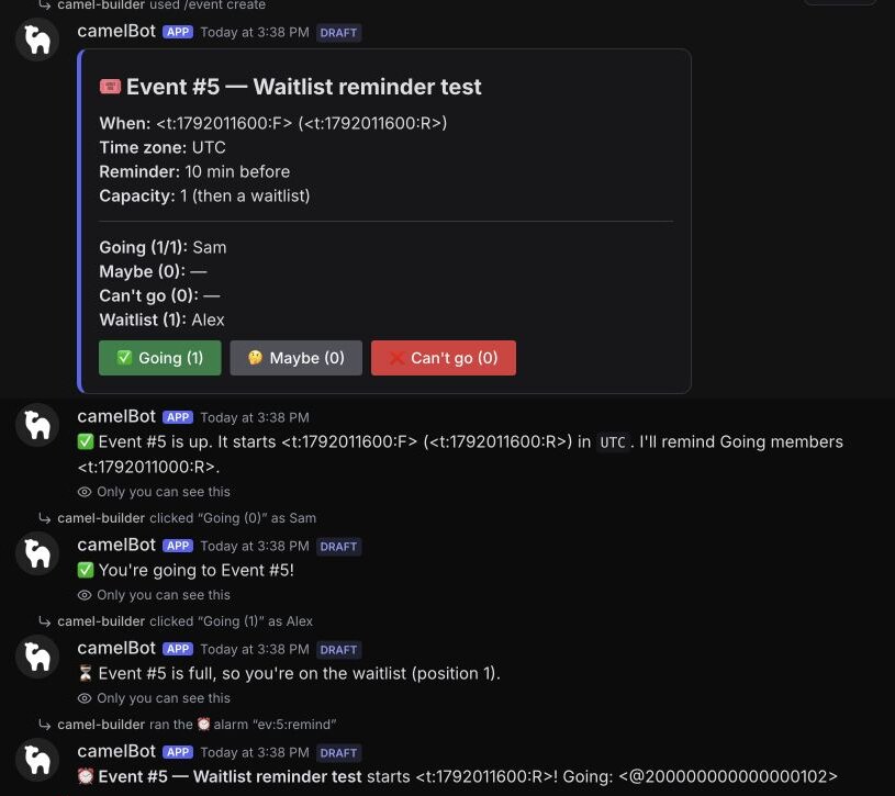 Test channel, camel-builder's try: a capacity-1 event with Sam Going and Alex on the waitlist, and the reminder camel-builder fired early, mentioning only Sam