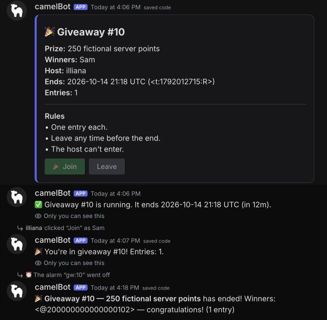 Test channel, saved code: giveaway #10 ended with Sam as winner and buttons off, then the alarm's announcement ending (1 entry)