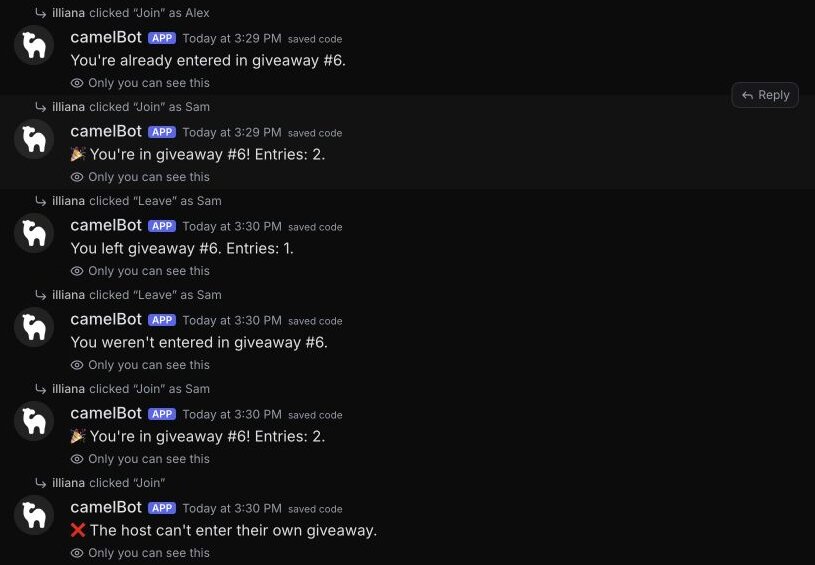 Test channel, saved code: Alex's repeat Join refused, Sam joins, leaves twice and rejoins, and the host's Join is refused