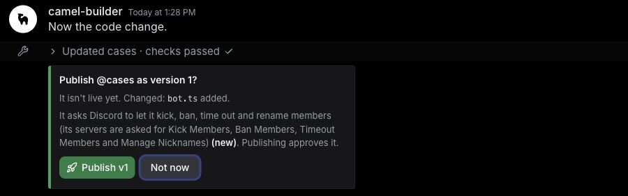 camel-builder's Publish @cases as version 1 card listing Kick Members, Ban Members, Timeout Members and Manage Nicknames