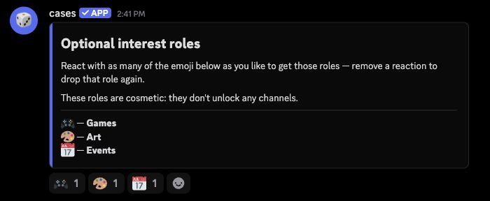 Discord: the Optional interest roles panel, posted under the shared name cases, with three starter reactions at 1 each