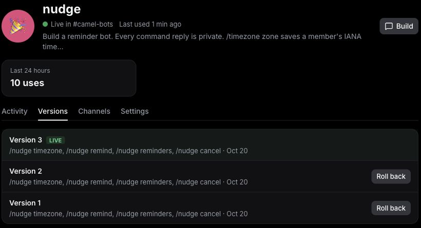 nudge's Versions tab: version 3 live in #camel-bots, above versions 2 and 1 with Roll back buttons