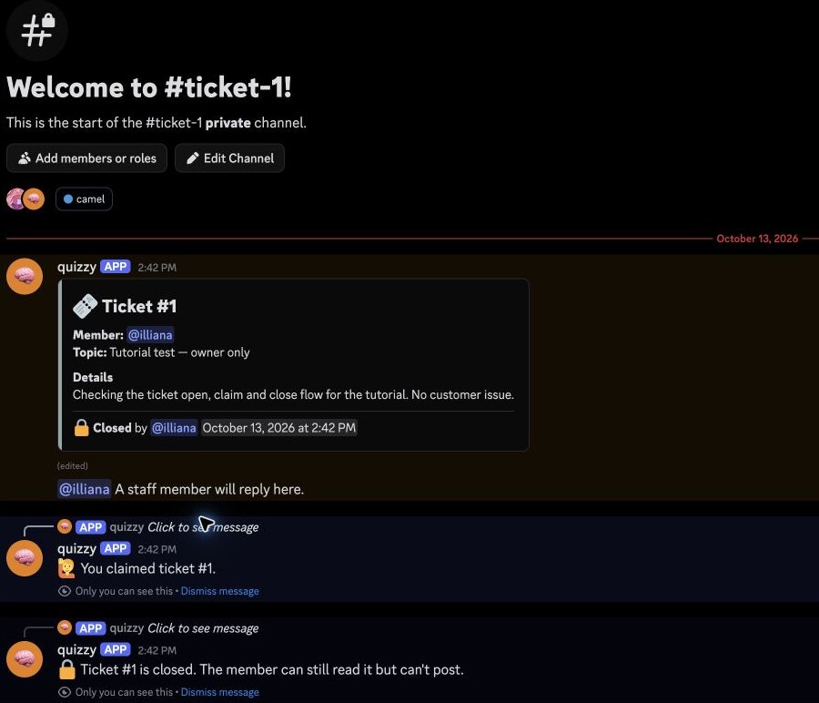 Private Discord channel ticket-1 with the closed ticket post, staff reply line and private replies