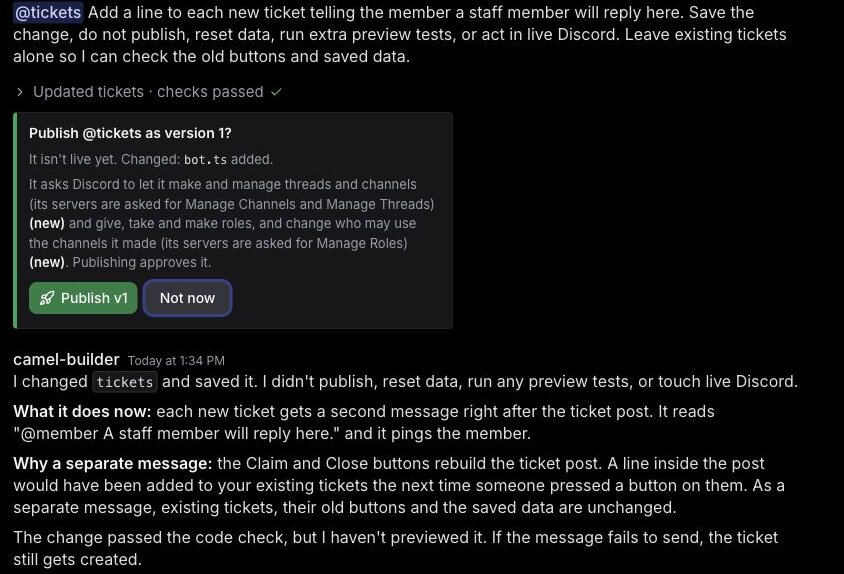 camel-builder's chat showing the first follow-up, for the staff-reply line, and the Publish @tickets as version 1 card