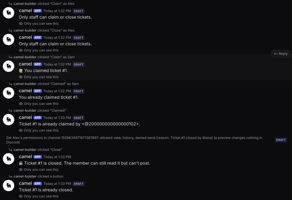 Test channel refusing Alex's Claim and Close, accepting Sam's claim, refusing repeat claims, then closing