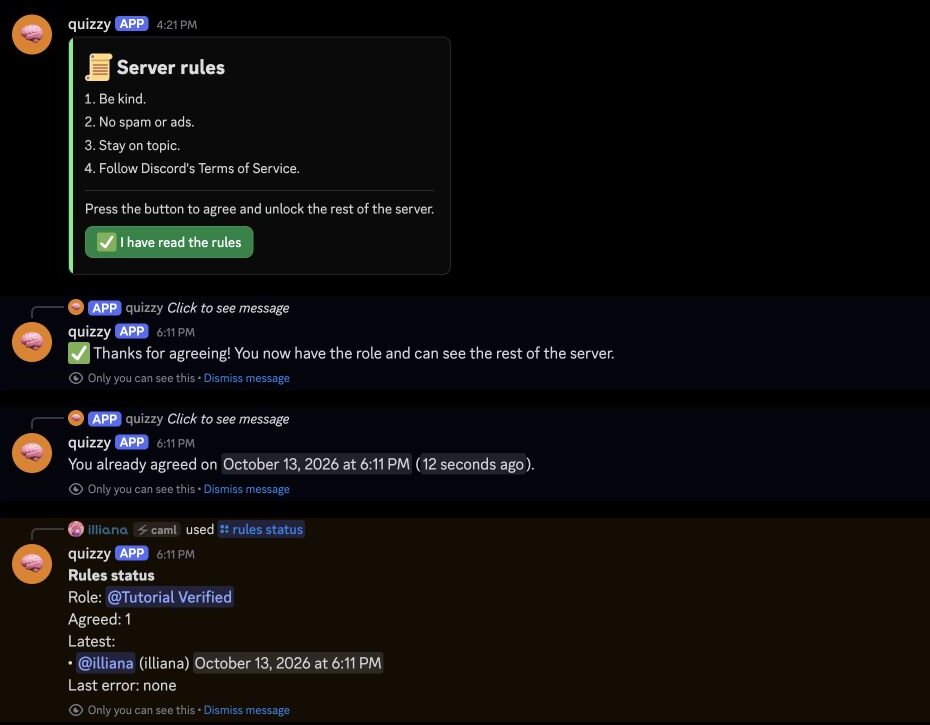 Discord: the rules panel with the new label, the owner's agreement and repeat press, and status with one agreement