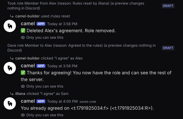 Test channel, not Discord: Alex's reset and fresh agreement, then Sam's press on the old panel answered by the saved code