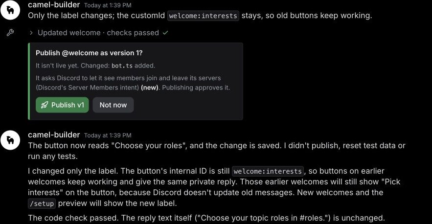 camel-builder's chat, not Discord: the rename keeps old buttons working, above a Publish @welcome as version 1 card