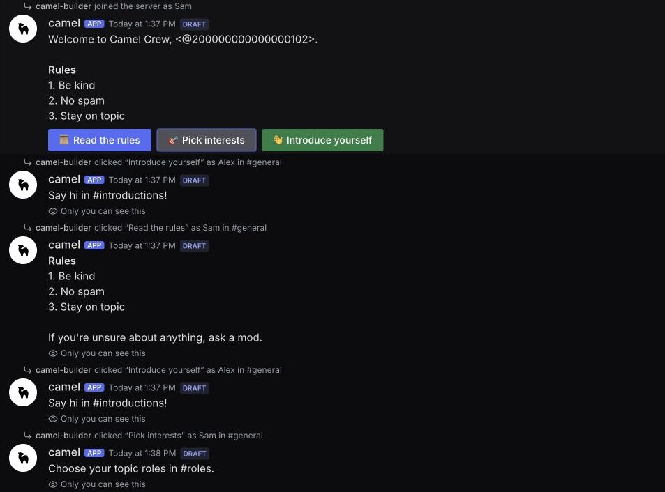 Test channel, not Discord: a simulated join for Sam, a welcome with rules and three buttons, and private replies