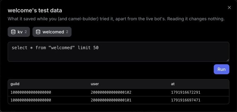 Look at test data in the test channel, with one welcomed-member row each for Sam and Alex, though Sam joined three times