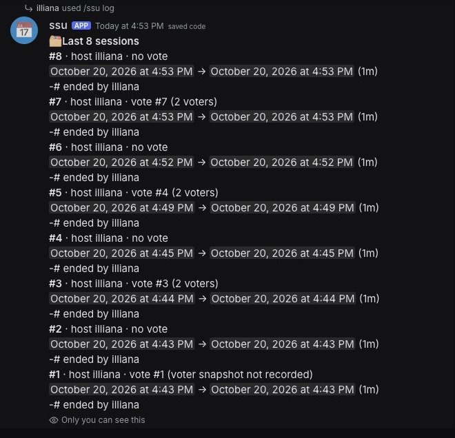 Test channel: the private /ssu log listing eight sessions with host, vote, start and end times, length, and who ended each