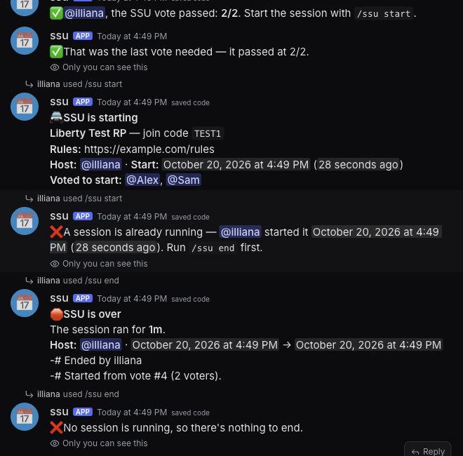 Test channel: the ER:LC Discord bot's startup mentioning Alex and Sam, a refused second start, the shutdown, and a refused second end
