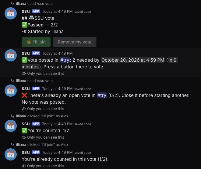 Test channel: an SSU vote panel that passed at 2/2 with its buttons off, a second vote refused, and Alex's repeat vote refused privately