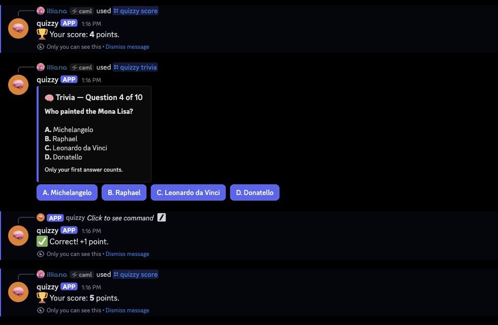 Discord after the rollback: quizzy's private replies show a score of 4 points, a right answer worth +1, then 5 points