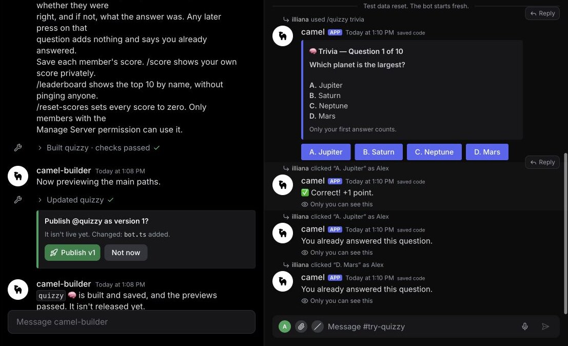 camel-builder chat with the version 1 publish card beside the test channel, where Alex's repeat presses on question 1 are refused