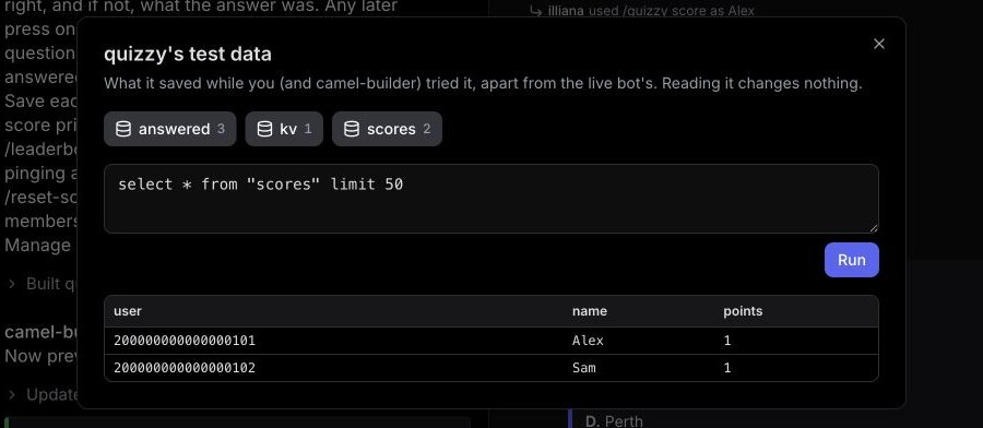 Look at test data in the test channel: the trivia bot's scores table with separate rows for Alex and Sam, 1 point each