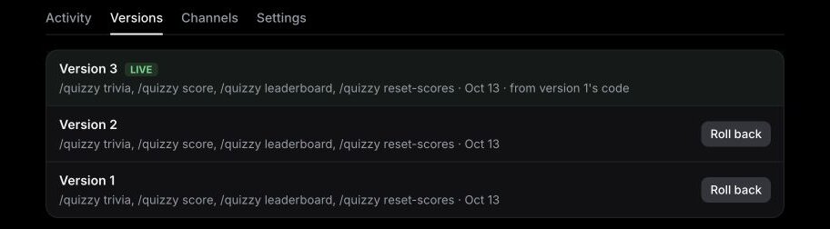 quizzy's Versions tab on the bot's page: version 3 live, made from version 1's code, above versions 2 and 1